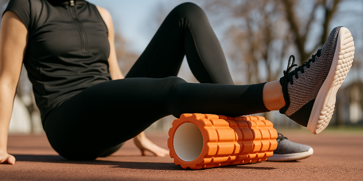 Outdoor-Training mit einer orangefarbenen Faszienrolle für die Wadenmuskulatur